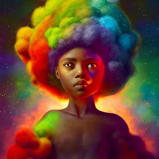 Prompt: a black girl with big beautiful eyes and a colorful afro sitting on a nebula cloud throne, bright colors, synthwave, watercolor, volumetric wool felting, felt, macro photography, children illustration, global illumination, radiant light, detailed and intricate environment, by goro fujita, bokeh!!!!