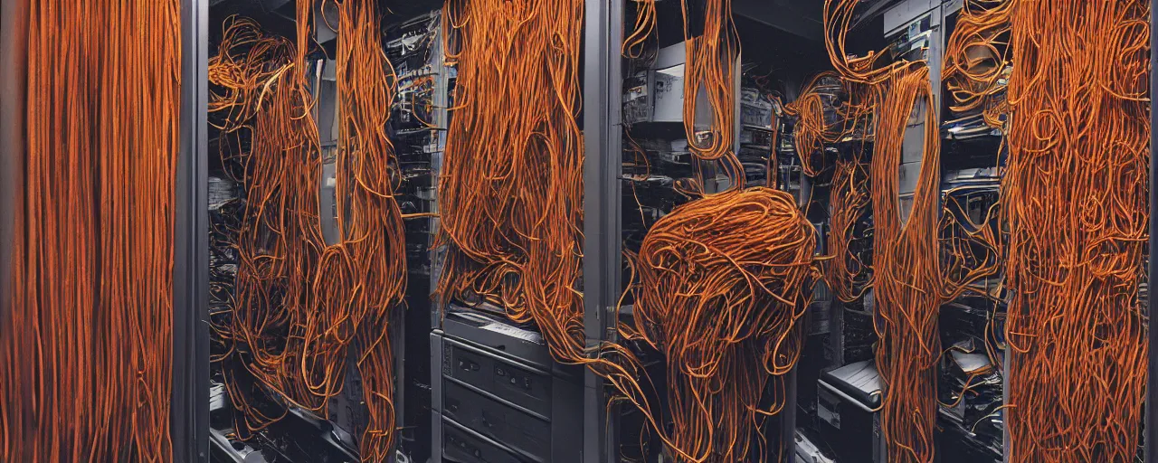 Image similar to a large computer server room overflowing with spaghetti, canon 5 0 mm, cinematic lighting, photography, retro, film, kodachrome, closeup