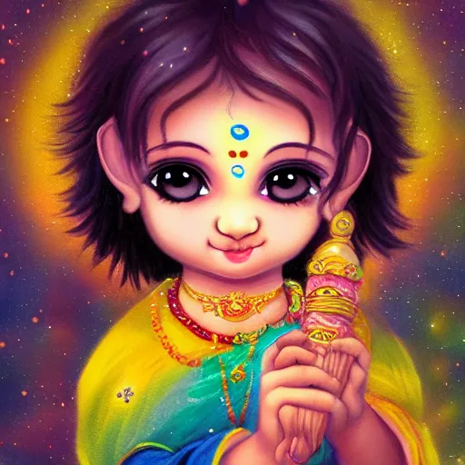 Image similar to baby krishna cute ,chibi style, foggy, clouds ,clear face , golden ratio, rule of thirds, magical effect ,artstation, galaxy