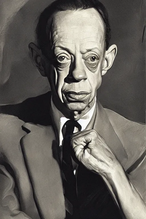 Image similar to portrait of don knotts sitting with full face full figure, in the style of expressionism, soft light, volumetric light, subsurface scattering, translucent skin, john singer sargent