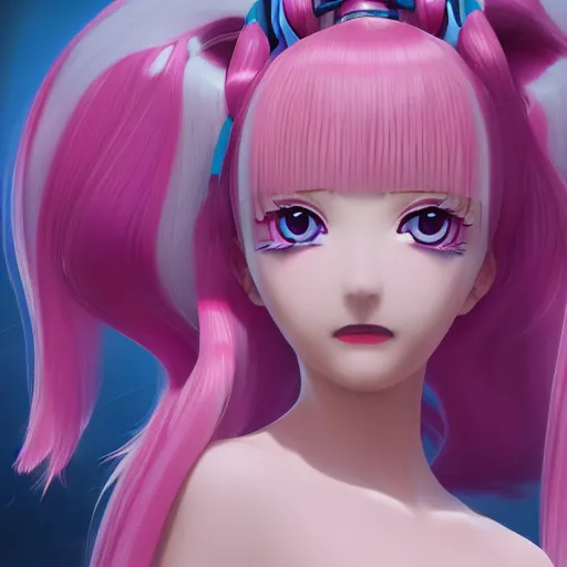 Image similar to stunningly beautiful omnipotent megalomaniacal anime goddess with porcelain skin, pink twintail hair and mesmerizing cyan eyes, symmetrical perfect face smiling in a mischievous, devious and haughty way while looking down upon the viewer, mid view, hyperdetailed, 2 d, unreal engine 5, 8 k