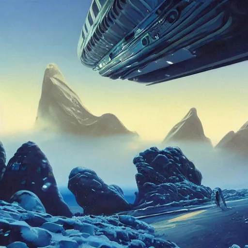 Image similar to Frozen frontiers on an alien planet, floating mountains above clouds in the background, vanishing perspective of a road, ravine, Syd Mead, John Harris, Federico Pelat,