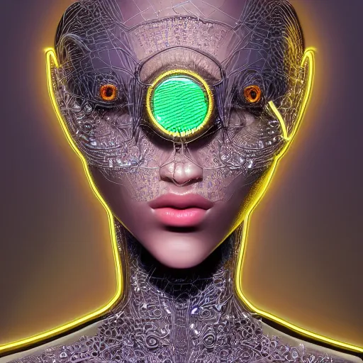 Prompt: woman integrating with technology, full face, detailed intricate ornate cables connected to head, big open electric eyes, luxurious detailed abundent wiring and implants, diamonds, sci-fi, neon, emeralds, detailed technology full background, highly detailed, artstation, Rene Lalique and Eddie Mendoza