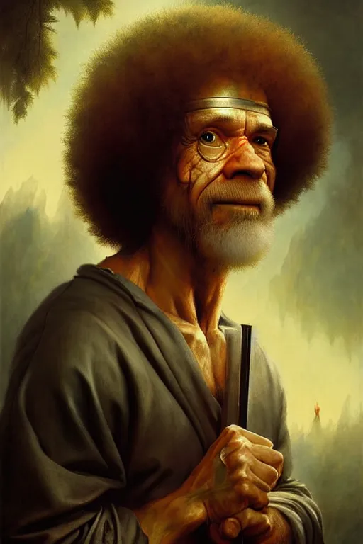 Image similar to hieronymus bosch, greg rutkowski, anna podedworna, painting of bob ross as rambo