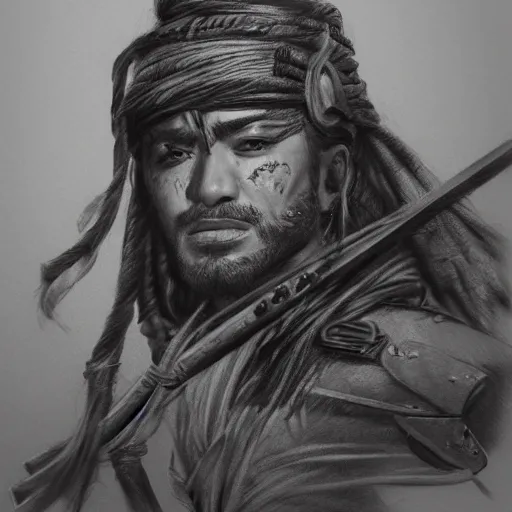 Image similar to Kurdish samurai, detailed charcoal sketch, realistic, incredibly detailed, award winning art, cinematic, extremely high detail, concept art, 4k fantasy art, trending on artstation