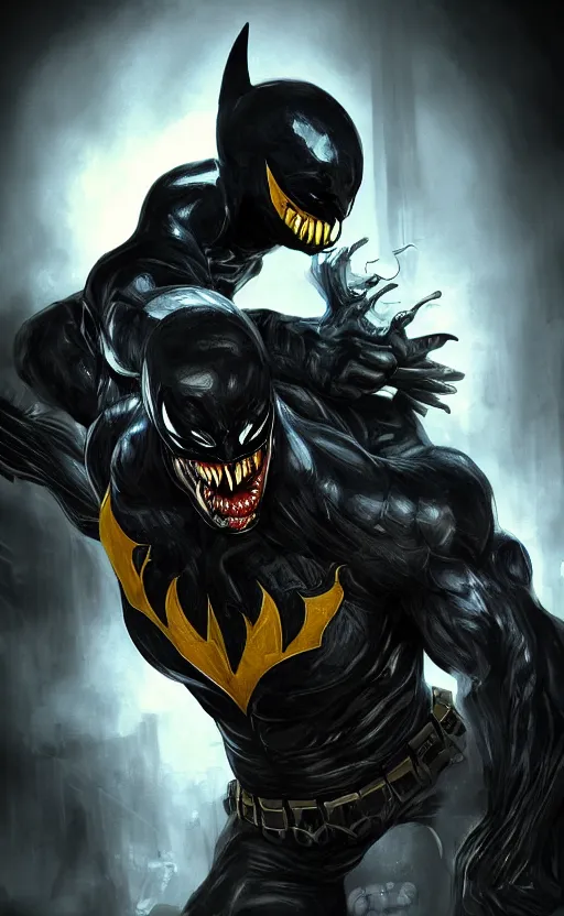 Image similar to venom as batman, dynamic lighting, photorealistic fantasy concept art, trending on art station, stunning visuals, terrifying, creative, cinematic