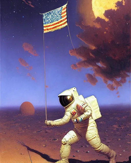 Image similar to handsome astronaut plants a flag on the moon, painting by gaston bussiere, craig mullins, j. c. leyendecker