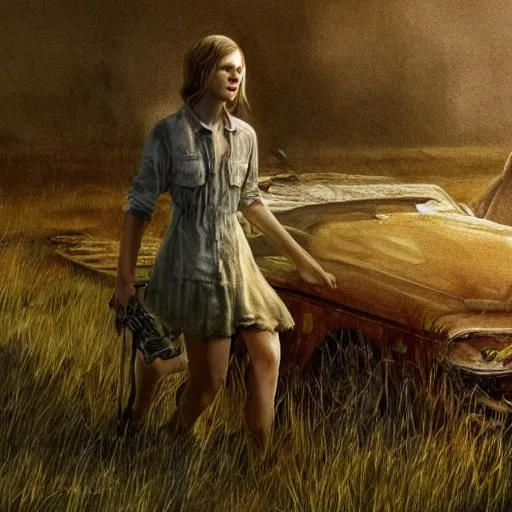 Prompt: Elle Fanning in the painted world of The Last of Us, head and shoulders masterpiece, apocalypse, golden hour, cosmic horror, artstation, in the style of Andrew Wyeth and Edward Hopper and Bosch, extremely detailed