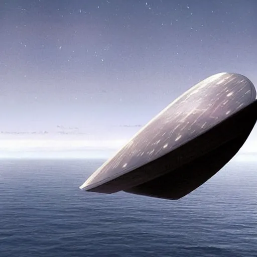 Prompt: spaceship starship battlestar by Alvar Aalto over sea, mountainous island, from interstellar by nolan