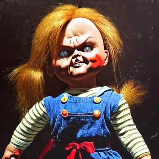 Image similar to the doll chucky in the punching the doll annabelle, epic mma fight, dramatic poses, cinematic, disneyland as backdrop, oil painting, by greg rutkowski