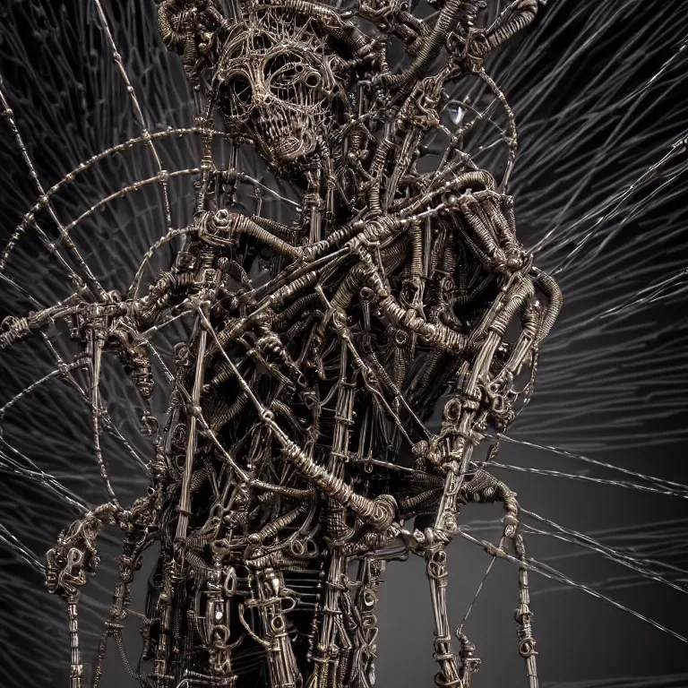 Prompt: dark biomechanical religious sculpture statue of Jesus on cross made of wires cables tubes, cyberpunk, baroque painting, beautiful detailed intricate insanely detailed octane render, 8K artistic photography, photorealistic, chiaroscuro, Raphael, Caravaggio, Giger, Beksinski, black background, volumetric light