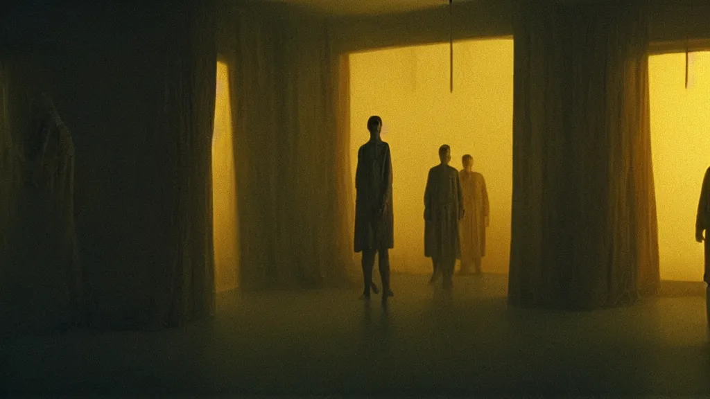 Image similar to we watch the strange creature search through our kitchen, film still from the movie directed by Denis Villeneuve with art direction by Zdzisław Beksiński, wide lens, golden hour