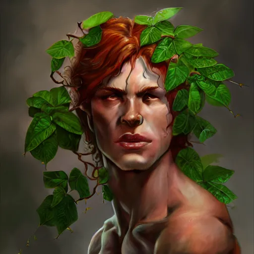 Image similar to A studio portrait of a photorealistic male muscular poison ivy wide angle, deep focus, D&D, fantasy, intricate, elegant, highly detailed, digital painting, artstation, concept art, matte, sharp focus, illustration, hearthstone, art by Artgerm and Greg Rutkowski and Alphonse Mucha