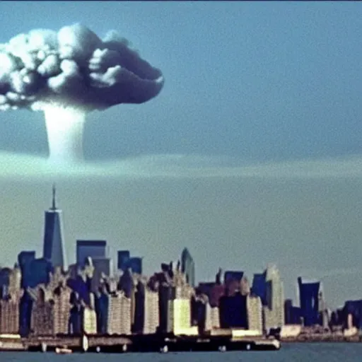 Prompt: realistic image of a tall nuclear bomb cloud over new york city, cctv footage, high quality