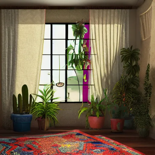 Image similar to 1 9 6 9 living in an older house, hippie pad, hippie chic, antiques, tropical houseplants, beaded curtains, posters on the walls, persian rugs, artstation, octane, 8 k, mildly desaturated.