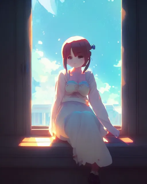Image similar to a cute stylized thicc ghost girl, sitting on a windowsill of an old house, dramtic lighting, calming ， by makoto shinkai an krenz cushart