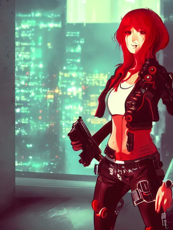 Prompt: a female character with a gun and a red background, cyberpunk art by muqi, featured on pixiv, rayonism, sci - fi, pixiv, official art