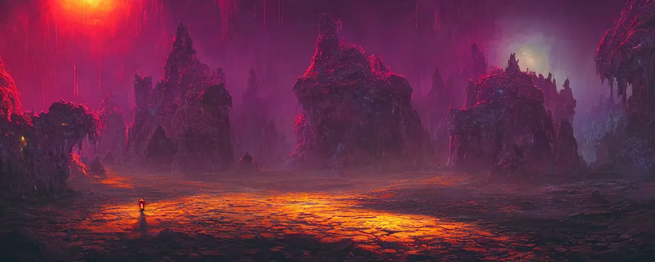 Image similar to ” otherwordly landscape at night, [ bioluminescense, cinematic, detailed, epic, widescreen, opening, establishing, mattepainting, photorealistic, realistic textures, octane render, art by slop and paul lehr ] ”