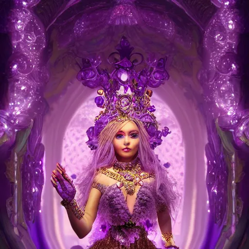 Image similar to portrait princess of amethyst, glowing, ornate and intricate purple jewelry, jaw dropping beauty, glowing background lighting, purple accent lighting, hyper detailed, fairy tale, 4 k octane render