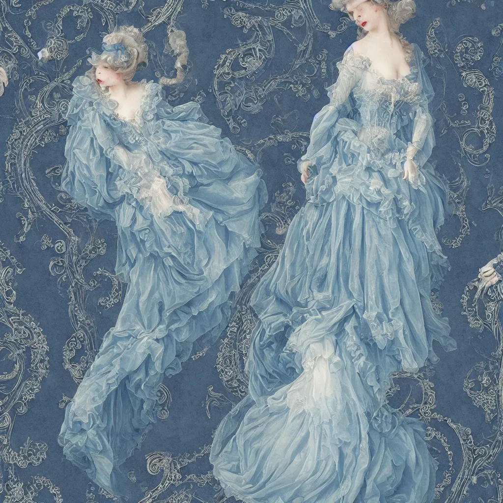 Image similar to blue dress design in the style of rococo ，Victorian era，jellyfish element，dreamy, soft ,Backlight ,luminescence，in the style of Aetherpunk,highly detailed,8k