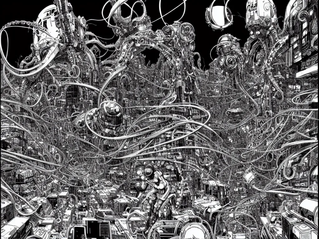 Prompt: cyborg monsters with tentacles and wires in detailed huge cybernetic mega city in space, black and white, by nihei tsutomu