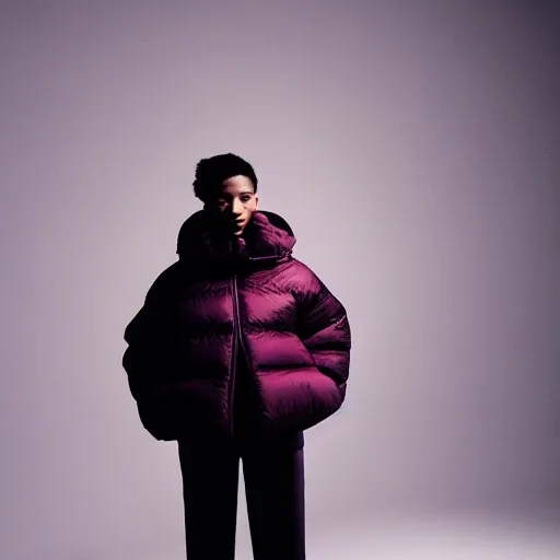 Image similar to realistic photoshooting for a new issey miyake lookbook, color film photography, portrait of a beautiful woman, model is wearing a puffer jacket, in style of tyler mitchell, 3 5 mm,