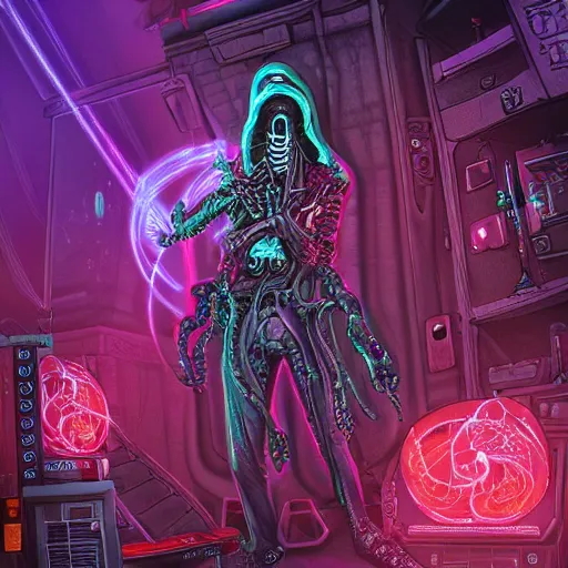 Image similar to cyberpunk undead lich ilithid mindflayer wearing headphones and playing synthesizers, D&D, laser lights, highly detailed, realistic, technology and magic,