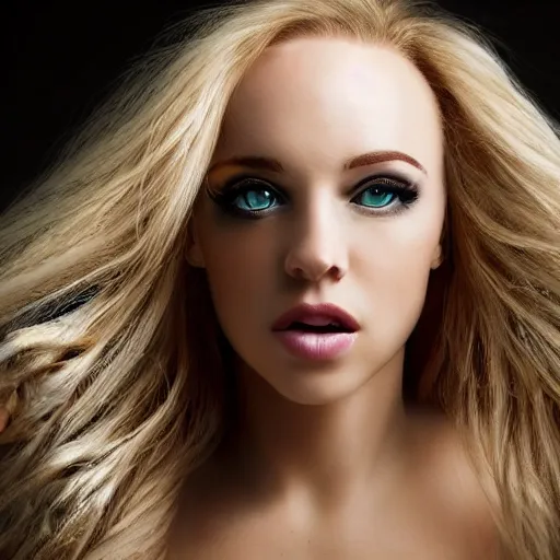 Image similar to A beautiful woman with blonde hair and green eyes and a big forehead, full body portrait, highly detailed, excellent composition, dramatic lighting, realistic 4k
