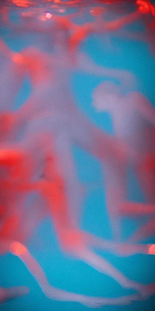 Image similar to a blurry closeup picture of abstract gorgeous human bodies in ocean, body parts, torso, macro photography, long exposure photograph, surrealism, anamorphic bokeh, orange and cyan lighting, cinematic