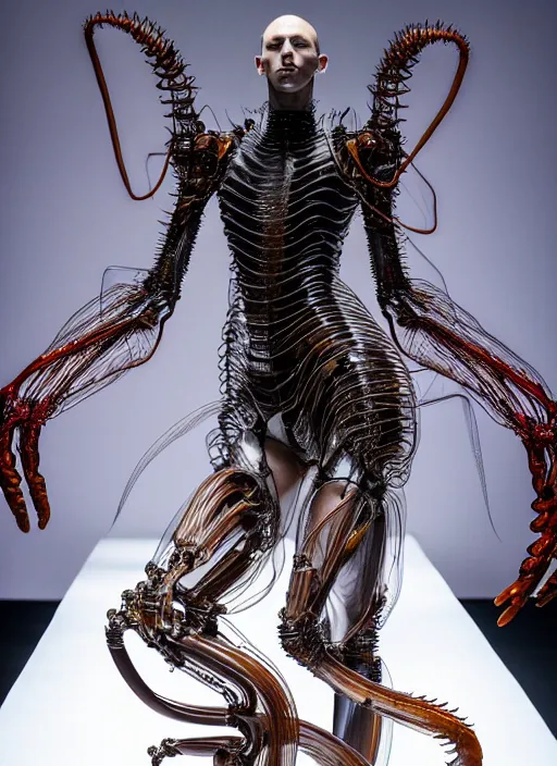 Image similar to walking down the catwalk, show, stage, vogue photo, podium, fashion show photo, iris van herpen, beautiful woman, full body shot, masterpiece, inflateble shapes, alien, giger, plant predator, guyver, jellyfish, wires, veins, white biomechanical details, wearing epic bionic cyborg implants, highly detailed