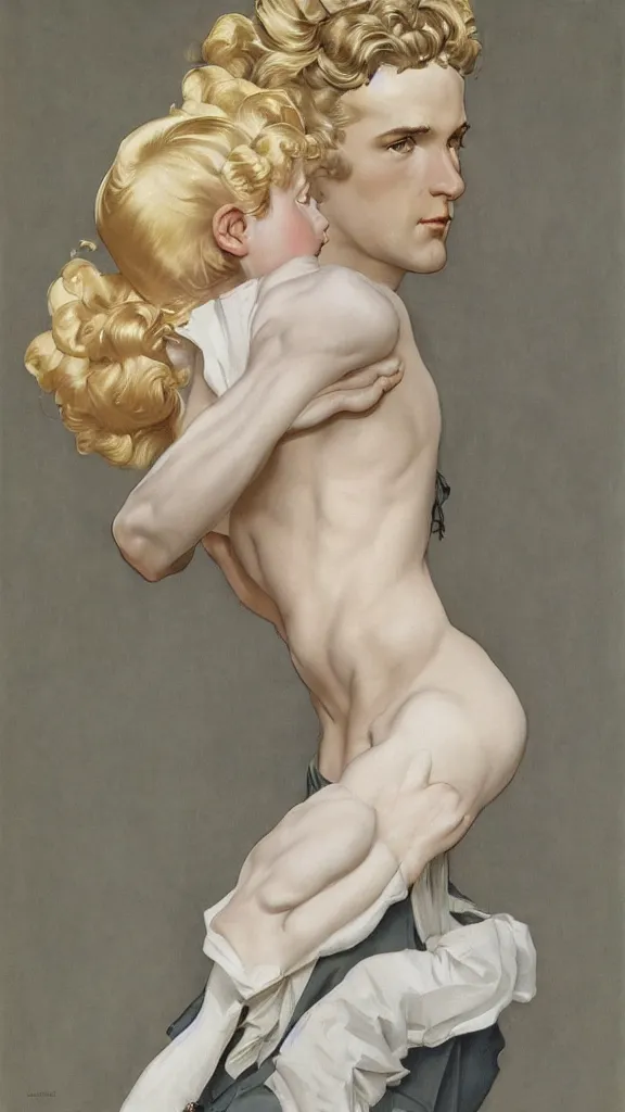 Prompt: Painting of lucius as a German tailor, long blond drill curls, delicate androgynous prince, pale milky white porcelain skin, by Leyendecker and Norman Rockwell