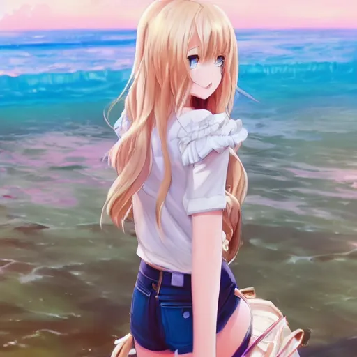 Image similar to a very beautiful anime girl, full body, long wavy blond hair, sky blue eyes, full round face, short smile, cute top, short jeans, summer lake setting, cinematic lightning, medium shot, mid-shot, highly detailed, trending on Artstation, Unreal Engine 4k, cinematic wallpaper by Stanley Artgerm Lau, WLOP, Rossdraws, James Jean, Andrei Riabovitchev, Marc Simonetti, and Sakimichan