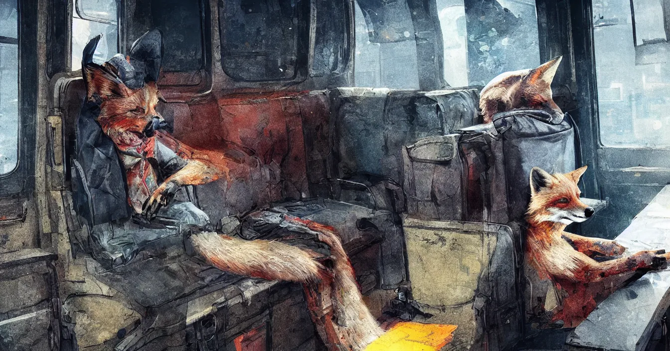 Image similar to Imagination of homeless fox with hood over head in an old coat sits on a dirty seat in a old russian subway car, cyberpunk 2077, amazing digital art