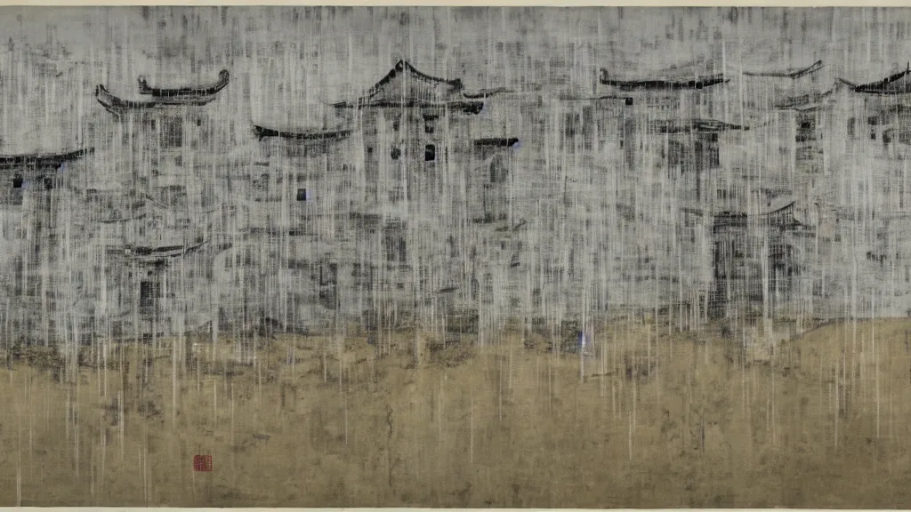 Image similar to a chinese prison near a river by peter doig, muted grey colors, overlaid with chinese letters