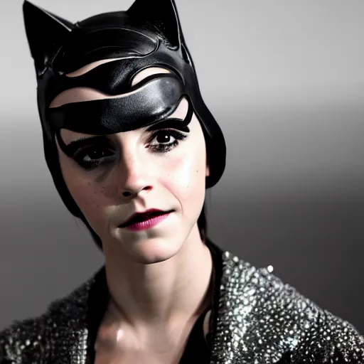 Image similar to Emma Watson as Catwoman, Fujifilm X-T3, 1/1250s at f/2.8, ISO 160, 84mm, 8K, RAW, symmetrical balance, Dolby Vision, HDR, Gigapixel