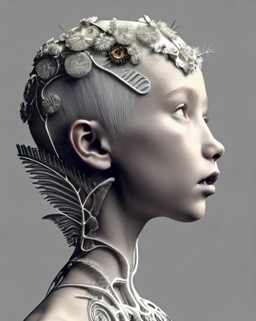 Image similar to bw 3 d render, stunning beautiful little girl angelic cute biomechanical albino female cyborg with a porcelain profile face, rim light, big leaves and stems, roots, fine foliage lace, alexander mcqueen, art nouveau fashion embroidered collar, steampunk, silver filigree details, hexagonal mesh wire, mandelbrot fractal, elegant, artstation trending