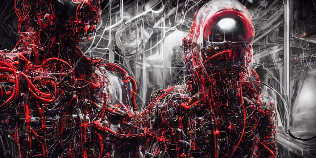 Image similar to cyborg in the data center, wired to the equipmen, red biomechanical details, wearing epic bionic cyborg implants, inflateble shapes, masterpiece, intricate, biopunk, highly detailed, artstation, concept art, cottage core, cinematic focus, polaroid photo, bleached, vintage, high - key lighting, soft lights, foggy, by tarkovsky, 8 k