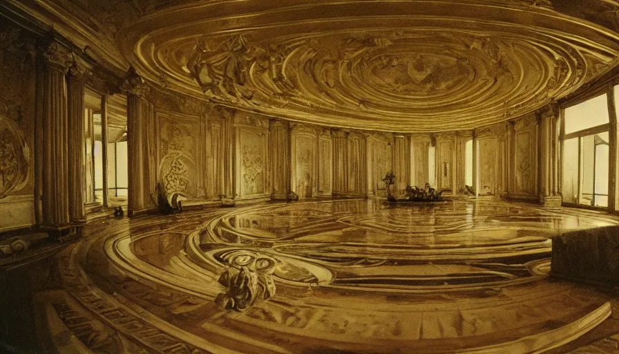 Prompt: 1 9 7 0 s movie still by andrei tarkovsky of a neoclassical interior sphere palace made of gold with a lake in the middle, by piranesi, heavy grain, high quality, high detailed, panoramic, ultra wide lens