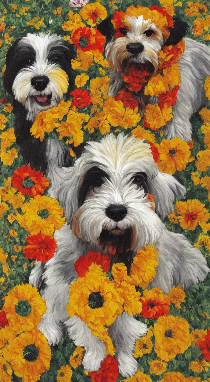 Image similar to portrait of a cream colored havanese dog dressed as an aztec, with a bouquet of marigolds, mexico, painting by diego rivera realism aztec modernism 1 9 3 5