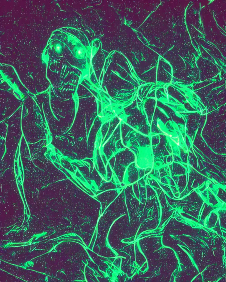 Prompt: glitchcore aesthetic photo of a bioluminescent alien