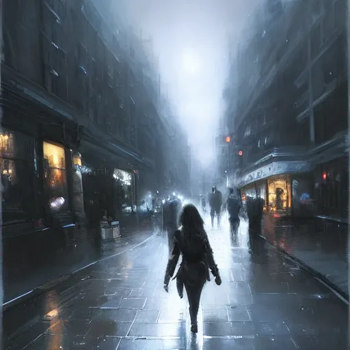 Image similar to walking the streets of london at night by raymond swanland, highly detailed, dark tones