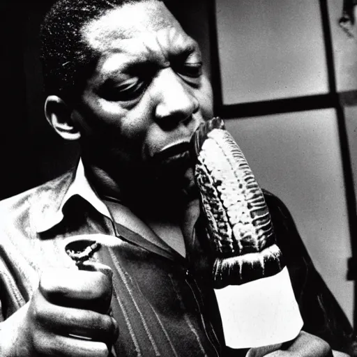 Prompt: john coltrane snuggling a rattlesnake