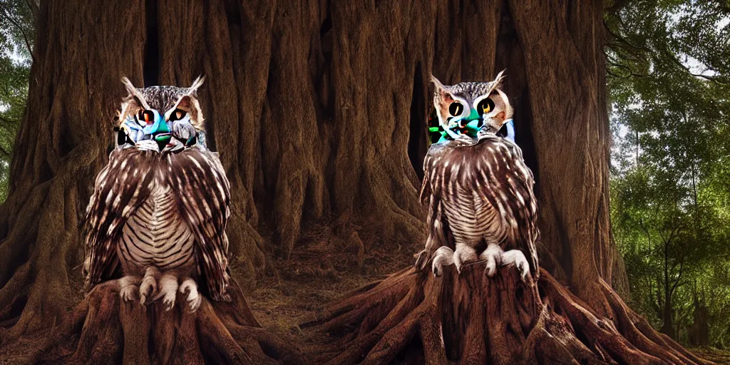 Prompt: tha owlking with red and blue eyes sitting on a throne carved in a big tree, moonlight, natural light, Cinematic level shot, dynamic pose, award winning photograph, photorealism, beautiful lighting, sharp, details, hyper-detailed, HDR, 8K