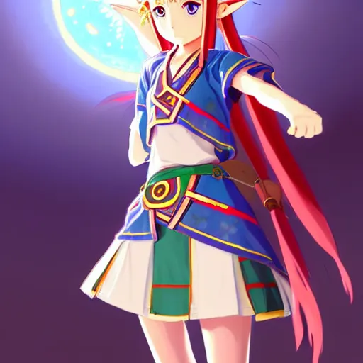 Image similar to a beautiful! young feminine link from botw, wearing japanese catholic school girl outfit with mayan pattern and native style, aztec street fashion, guilty gear art direction, perfect anime face, gapmoe yandere grimdark, trending on pixiv fanbox, painted by greg rutkowski makoto shinkai takashi takeuchi studio ghibli, akihiko yoshida