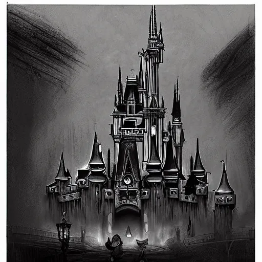 Image similar to Disney World, surrealist, dark, wicked, evil, twisted and bad concept art