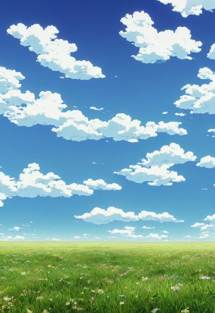 Prompt: a wide meadow with blue sky and a few clouds above, super wide angle, fantasy matte painting by studio ghibli and hayao miyazaki and kazuo oga, hyperrealism, featured on artstation and cgsociety, c 4 d, ultra - realistic, 4 k hd wallpapear,