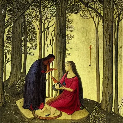 Image similar to “ sensual medieval nurse treating young goddess in a magical forest, artwork, fantasy ”