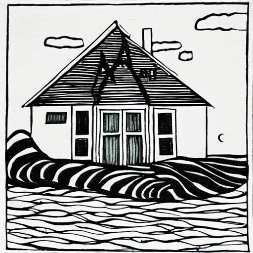 Prompt: imaginative drawing of a beach house, black ink outline, cel - shading