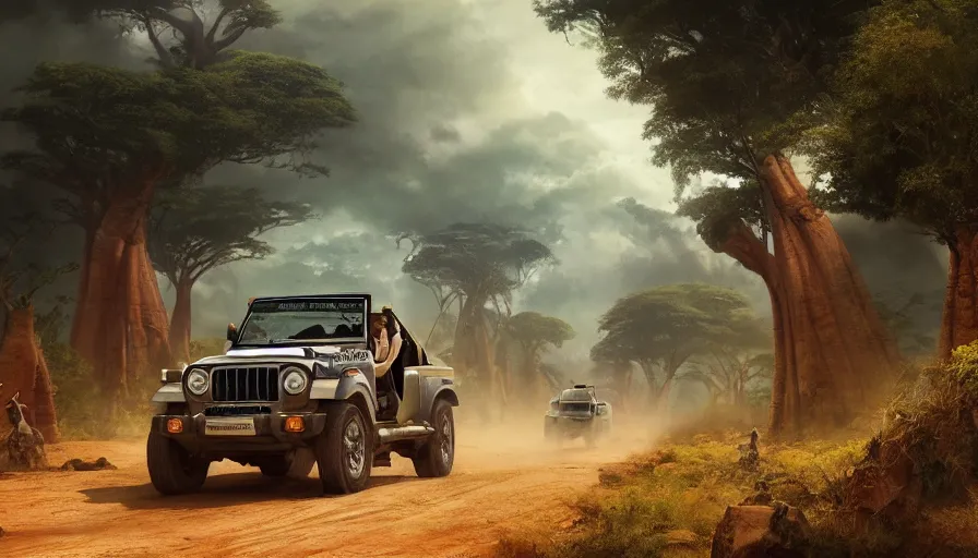 Prompt: mahindra thar driving through madagascar road with baobabs trees, animals running along, tribe members attacking, action scene, an epic fantasy, wide shot, artgerm, trending on artstation, masterpiece, by greg rutkowski, by ross tran, by fenghua zhong, octane, soft render, ultrarealistic, colorful, cinematic, midsommar