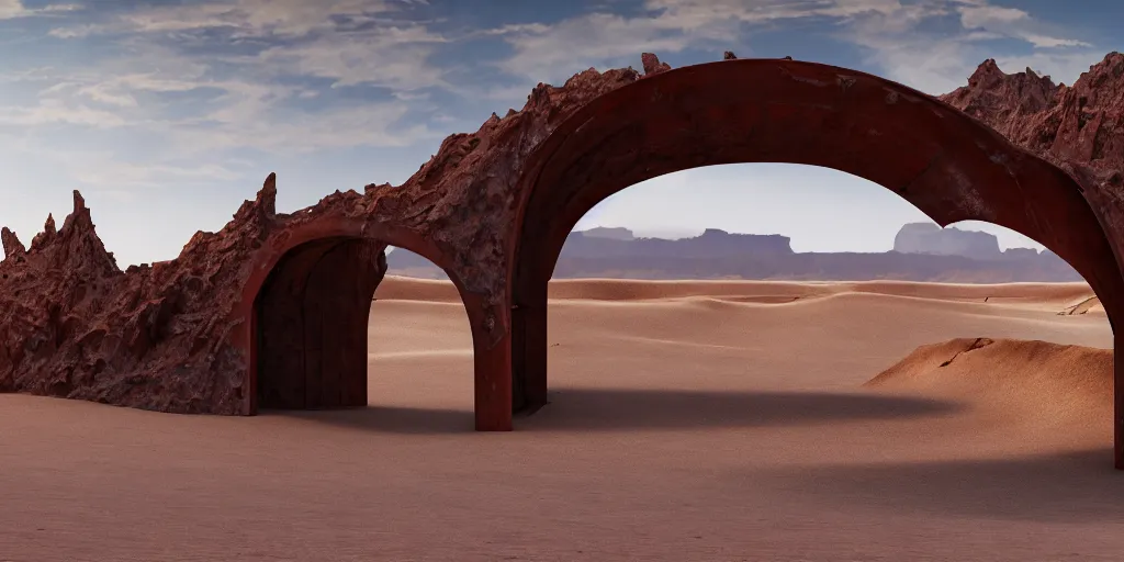 Image similar to a shiny chrome gargantuan underneath a rusted metal archway that spans the sky, desert canyons in background, matte oil painting, science fantasy, biblical, salt dunes, sacred, shrines, trees, rpg, queer, lgbt, pride, epic, extremely detailed, sharp focus, 4 k